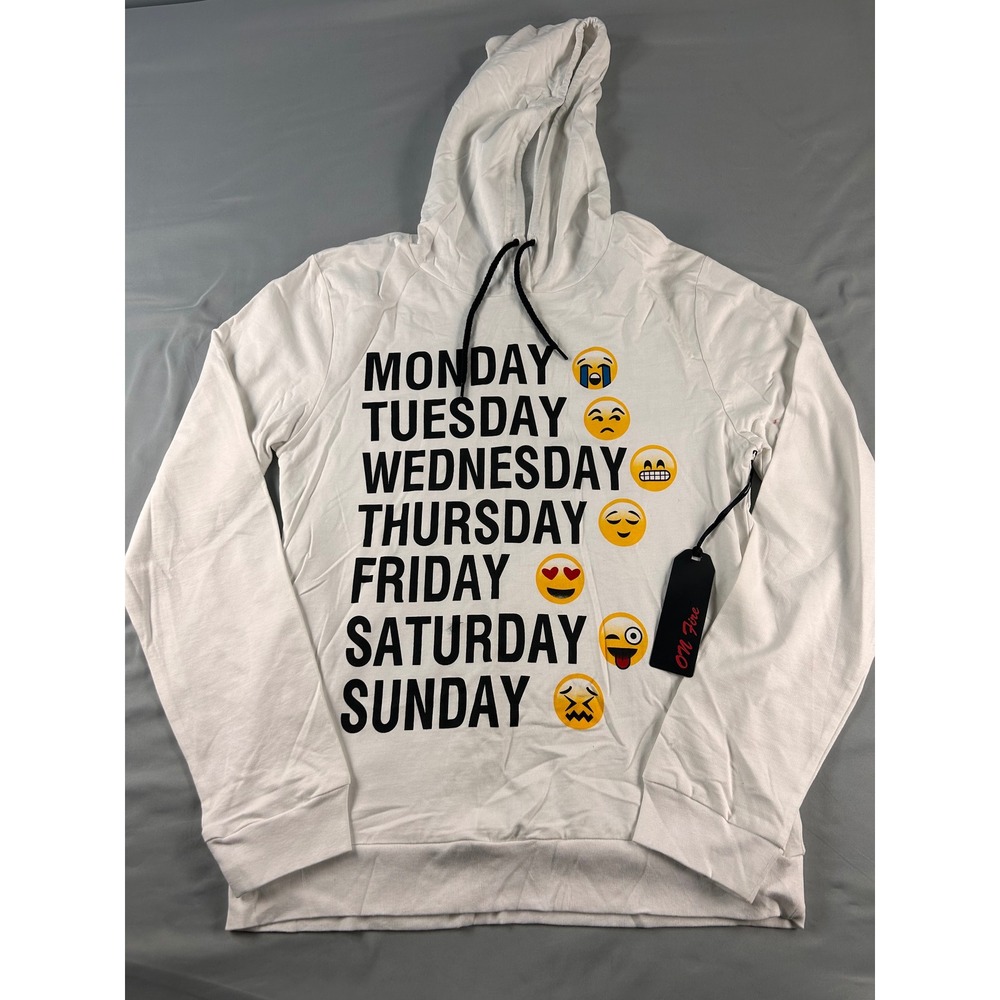 On Fire Mens Days of the Week Emoji Graphic Hoodie White Cotton‎ Size Large